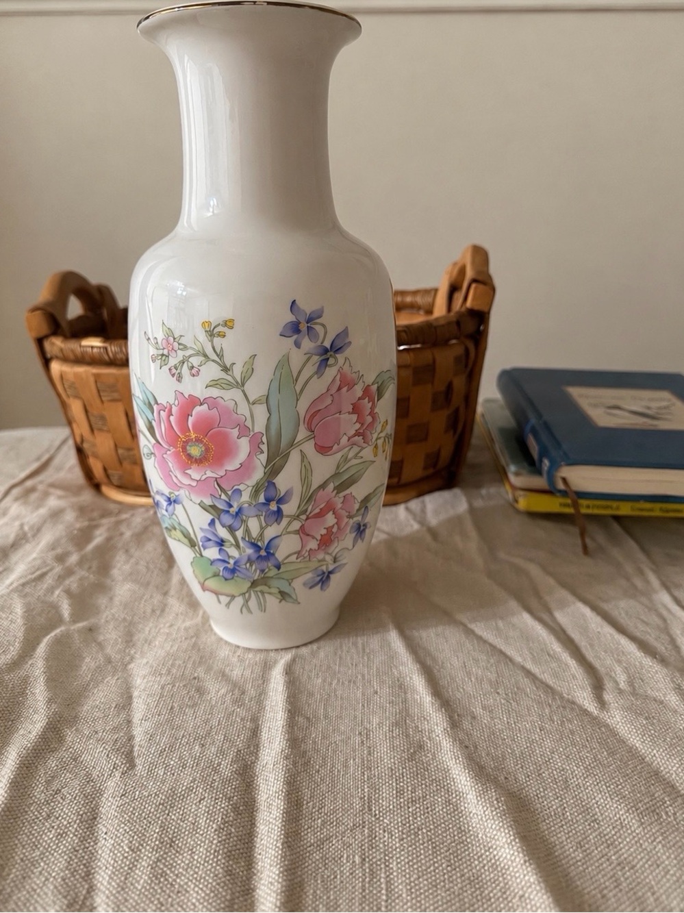 Vintage Fine China Japan Floral Vase Pink Blue Flowers Gold Trim Porcelain